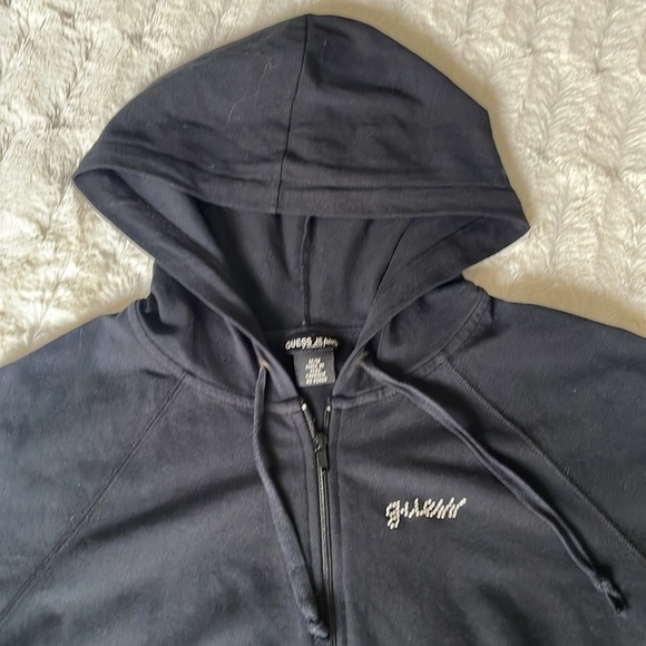 GUESS JEANS Y2K Black Zippered Hooded Jacket sweatshirt Size Medium White Stripe - Picture 4 of 11